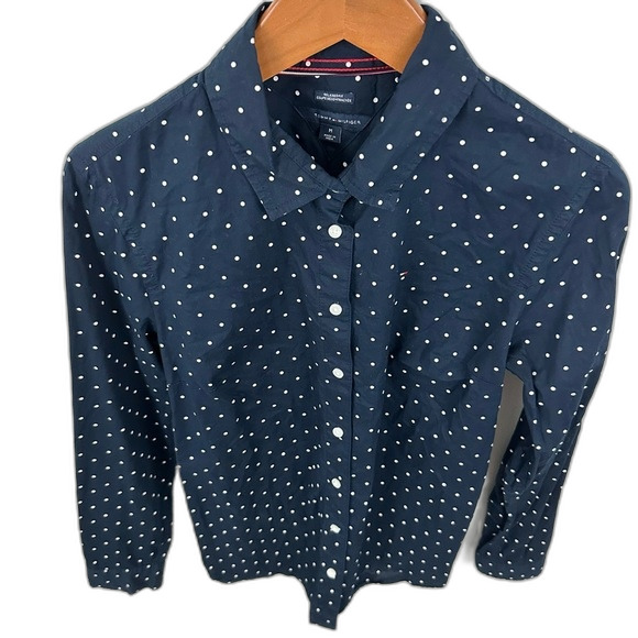 Tommy Hilfiger Navy & White Polka Dot Button-Up Blouse Size Medium - Picture 3 of 14